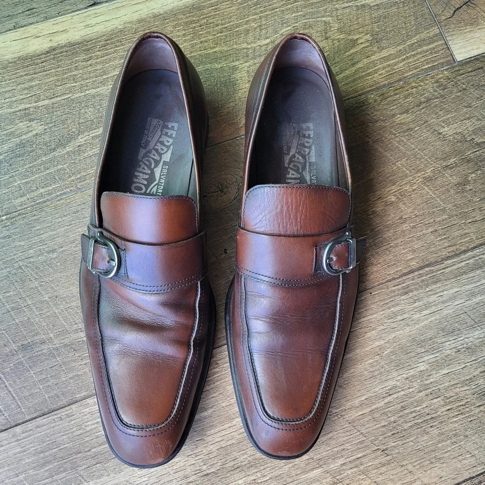 Salvatore Ferragamo Mens Brown Leather Monk Strap Loafers 7.5 D 20709 Italy